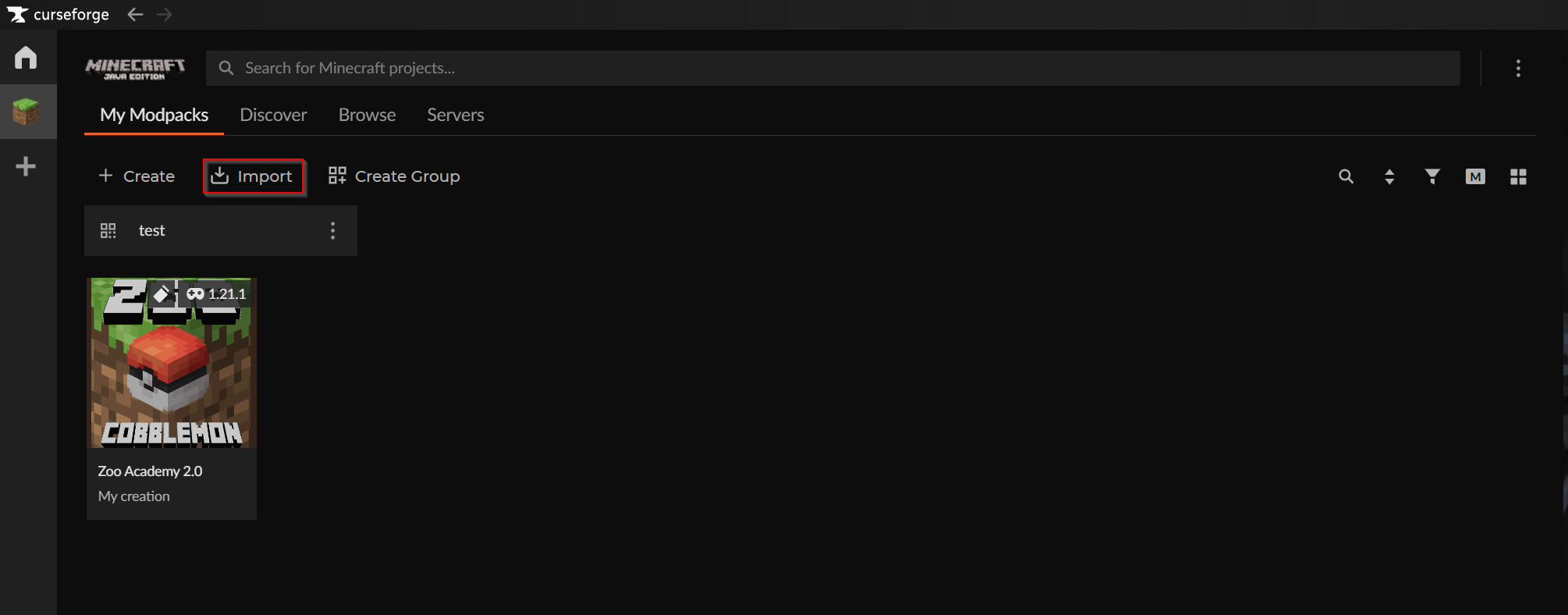 Cliquez sur Import dans CurseForge